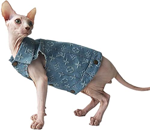 Disfraz De Gato Camiseta Chaqueta Vaquera Chaleco De Gato Sphynx Ropa De Gato Sin Pelo (Pattern : Jeans Jacket, Size : Small)