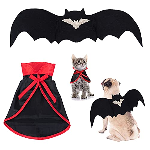 Disfraz de Halloween para Mascotas 2 piezas Perros pequeños Gatito Capa de vampiro,Disfraces de Mascotas de murciélagos de Halloween con alas, Traje de Fiesta de Mascotas para Halloween