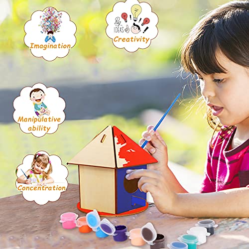 Diy Casa Pajaros, Kit De Casa De PáJaros Para NiñOs, Artes De Madera Y Manualidades Kit De Casa De PáJaros De Bricolaje, Que Incluye 12 Colores Y 2 Pinceles Para Manualidades De JardíN Al Aire Libre