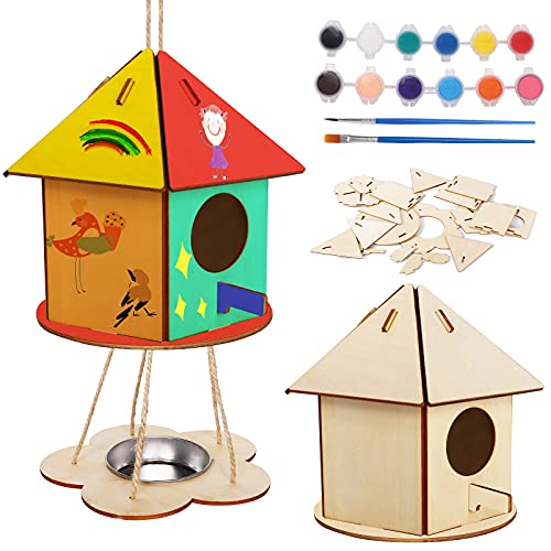 Diy Casa Pajaros, Kit De Casa De PáJaros Para NiñOs, Artes De Madera Y Manualidades Kit De Casa De PáJaros De Bricolaje, Que Incluye 12 Colores Y 2 Pinceles Para Manualidades De JardíN Al Aire Libre