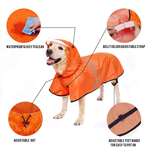 Dociote Impermeable para Perros Grande Ajustable Respirante Capa de Lluvia Chubasquero con Capucha & Collar Agujero para Mascotas Perro Mediano Grande PU Amarillo Naranja 4XL