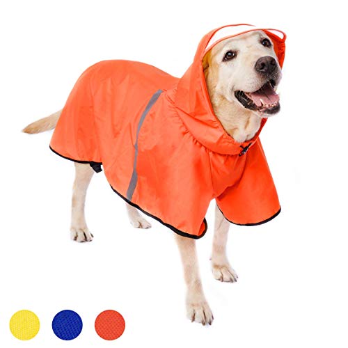 Dociote Impermeable para Perros Grande Ajustable Respirante Capa de Lluvia Chubasquero con Capucha & Collar Agujero para Mascotas Perro Mediano Grande PU Amarillo Naranja 4XL