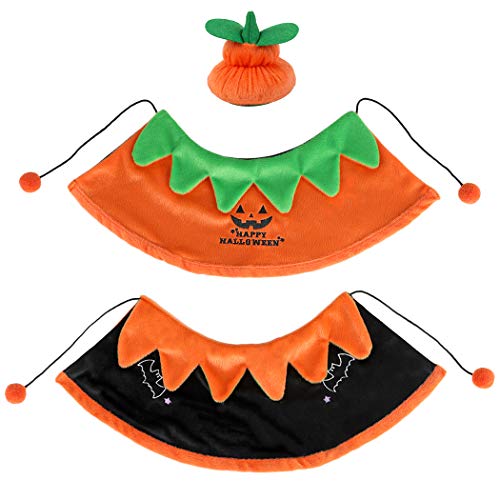 Dorakitten Disfraz para Gato, 2 PCS Disfraz de Halloween para Gato Disfraz de Calabaza y Sombrero de Calabaza Mantón para Mascotas para Gato y Perrito (Doble Cara)