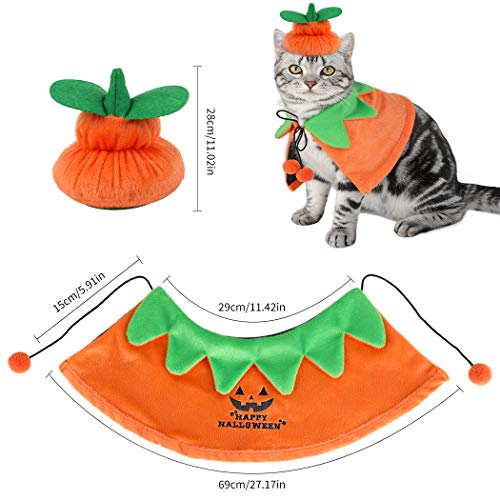 Dorakitten Disfraz para Gato, 2 PCS Disfraz de Halloween para Gato Disfraz de Calabaza y Sombrero de Calabaza Mantón para Mascotas para Gato y Perrito (Doble Cara)