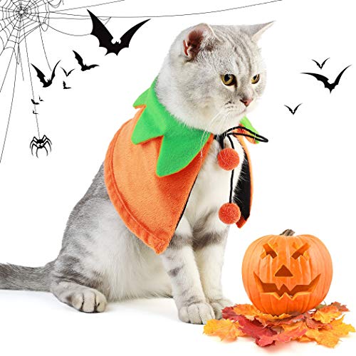 Dorakitten Disfraz para Gato, 2 PCS Disfraz de Halloween para Gato Disfraz de Calabaza y Sombrero de Calabaza Mantón para Mascotas para Gato y Perrito (Doble Cara)