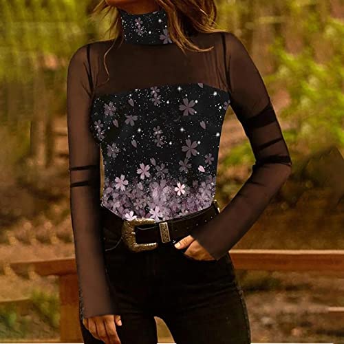 Eauptffy Camiseta para mujer, estilo gótico, camiseta de verano, otoño, sexy, de encaje, ligera, transparente, túnica estrecha con cuello en V, de gasa, de manga larga