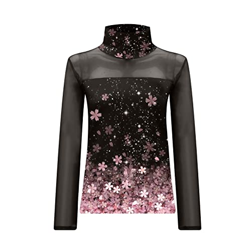 Eauptffy Camiseta para mujer, estilo gótico, camiseta de verano, otoño, sexy, de encaje, ligera, transparente, túnica estrecha con cuello en V, de gasa, de manga larga