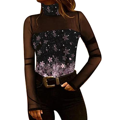 Eauptffy Camiseta para mujer, estilo gótico, camiseta de verano, otoño, sexy, de encaje, ligera, transparente, túnica estrecha con cuello en V, de gasa, de manga larga