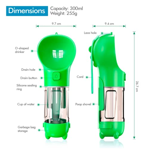 Edipets, Bebedero Perro Portátil, 300 ml y 500 ml, Dispensador Bolsas Caca Perro, Pala para Recogida, 3 en 1, Práctico y Ligero (500 ml, Verde)