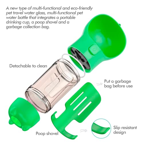 Edipets, Bebedero Perro Portátil, 300 ml y 500 ml, Dispensador Bolsas Caca Perro, Pala para Recogida, 3 en 1, Práctico y Ligero (500 ml, Verde)