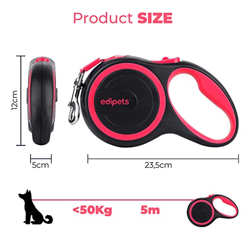 Edipets, Correa Perro Extensible, Retráctil, 3, 5 y 8 Metros, Cinta Flexible para Adiestramiento y Paseo (Rosa, 5 Metros <50Kg)