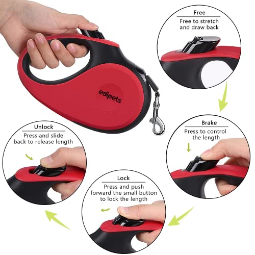 Edipets, Correa Perro Extensible, Retráctil, 5 Metros, 360º Sin Enredos, Cinta de Nailon para Adiestramiento y Paseo, para Perro Grande Mediano y Pequeño (< 25 Kg, Rojo)