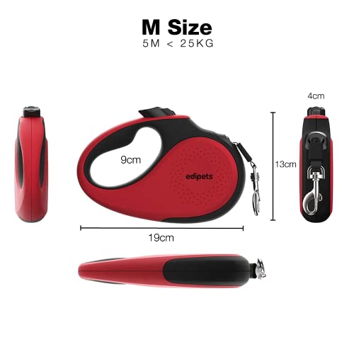 Edipets, Correa Perro Extensible, Retráctil, 5 Metros, 360º Sin Enredos, Cinta de Nailon para Adiestramiento y Paseo, para Perro Grande Mediano y Pequeño (< 25 Kg, Rojo)