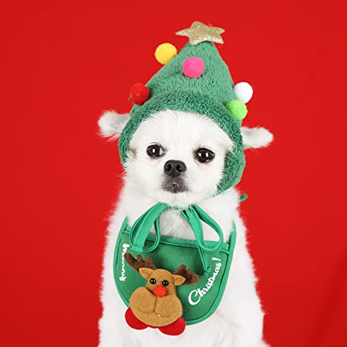 Explopur Sombrero de Navidad Verde con Bolas de Colores,Sombrero de Navidad Verde para Mascotas con Bolas de Colores Gorra de Papá Noel Ajustable pequeña Decoración Linda para Mascotas Accesorios