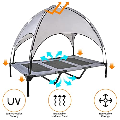 FAMOUHOME Cama Elevada para Perro con Toldo Portátil De Refrigeración Elevada, Transpirable Tela Oxford Cama para Perros, Cama Mascota Ideal para Camping, Hogar, Jardín (M,Gris)