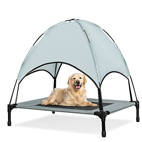 FAMOUHOME Cama Elevada para Perro con Toldo Portátil De Refrigeración Elevada, Transpirable Tela Oxford Cama para Perros, Cama Mascota Ideal para Camping, Hogar, Jardín (M,Gris)