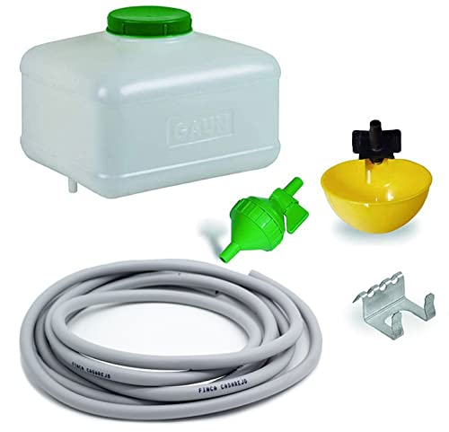 FINCA CASAREJO Kit Bebedero automático para gallinas con depósito de 10 litros - Incluye depósito de 10 litros + Tubo + Llave con Filtro + Bebedero basculante + Soporte para Bebedero