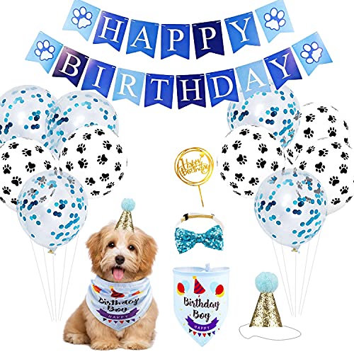 Fowecelt 15 Piezas Cumpleaños para Perros Decoración para Fiesta de Feliz Cumpleaños para Perro Cachorro Chico Mascota Pañuelo para el Cuello Bufandas Pajaritas Disfraces Suministros de Fiesta (Azul)