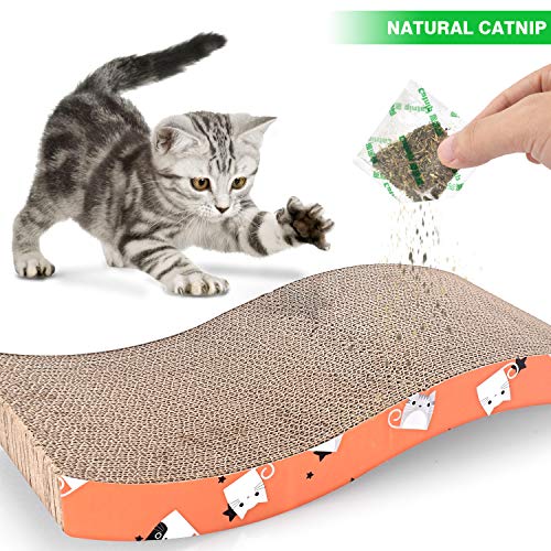 Frondent Rascador para Gatos de Cartón, Tres diseños Diferentes de rascadores para Gatos, Tabla reciclable, Alfombrilla para rascar Gatos con Hierba gatera, sofá de Juguete para Gatos, (Paquete de 3)