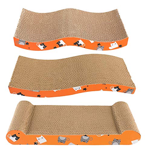 Frondent Rascador para Gatos de Cartón, Tres diseños Diferentes de rascadores para Gatos, Tabla reciclable, Alfombrilla para rascar Gatos con Hierba gatera, sofá de Juguete para Gatos, (Paquete de 3)