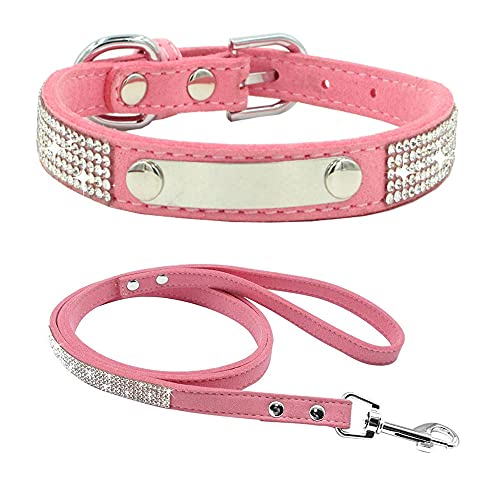 FUNAT Collar de Perro con Diamantes de Imitación, Perro Collar con Hoja de Hierro de Acero Inoxidable se Puede Grabar, Collar de Perros y Gatos + Cuerda Tracción Strass