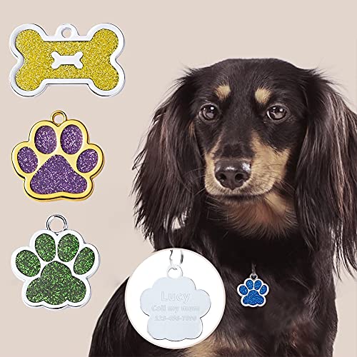 FUSIYU Placa Chapa Medalla, Etiquetas de Identificación de Mascotas Etiquetas de Perro Personalizada Grabado para Collar Perro Gato Mascota Grabada Brillantitos Aleación de Zinc, Pata Plata,Azul Claro