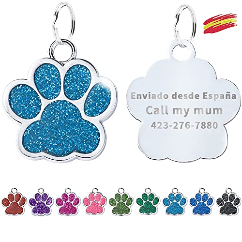 FUSIYU Placa Chapa Medalla, Etiquetas de Identificación de Mascotas Etiquetas de Perro Personalizada Grabado para Collar Perro Gato Mascota Grabada Brillantitos Aleación de Zinc, Pata Plata,Azul Claro