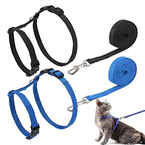 Guanyj 2 Pcs Correa de Gato Arnes Arnés Ajustable Correa para Gatos Gato Ajustable Antiescape Seguridad Arnés para Gato Nylon, para Mascotas Pequeño y Gatito Caminata Al Aire Libre (Azul y Negro)