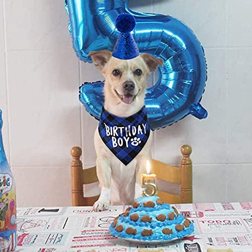 HACRAHO Bandana de Perro A Cuadros, 2 Paquete de Baberos Triangulares A Cuadros Bufanda Cumpleaños Niño Niña Cumpleaños Bufanda Triangular para Mascotas, Rosa Roja Y Azul