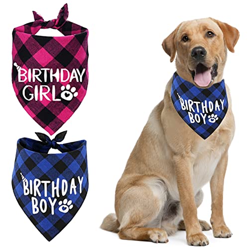 HACRAHO Bandana de Perro A Cuadros, 2 Paquete de Baberos Triangulares A Cuadros Bufanda Cumpleaños Niño Niña Cumpleaños Bufanda Triangular para Mascotas, Rosa Roja Y Azul