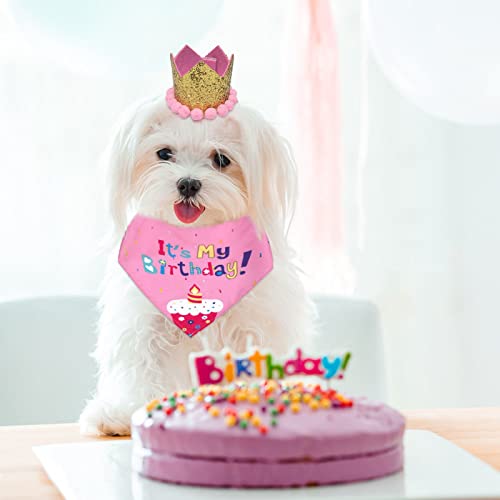 HACRAHO Juego de Sombrero Y Bandana de Cumpleaños para Perros, 2 Bufanda Triangular de Cumpleaños para Perros con Sombrero de Cono de Lentejuelas de Estrellas para Perros Y Gatos, Rosa