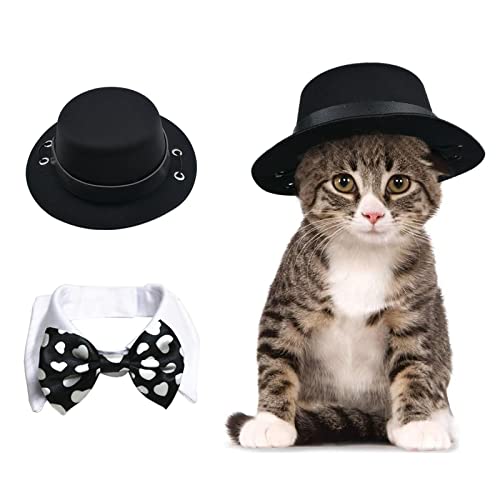 HACRAHO Sombrero y pajarita para perro, 2 unidades de sombrero para mascotas y pajarita para mascotas ajustable, cuello formal, para gatos y cachorros, negro, S