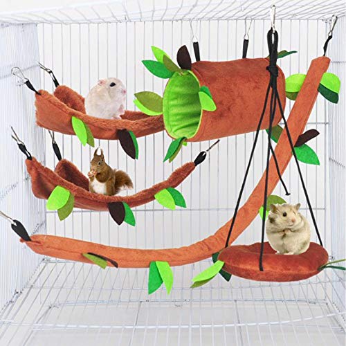 Hamster Hamaca para animales pequeños en la selva, cama cálida, casa jaula, nido, accesorios, diseño de bosque, jaula, juguetes, hojas, túnel y columpio para Sugar Glider Ardilla Juegos (5 unidades)