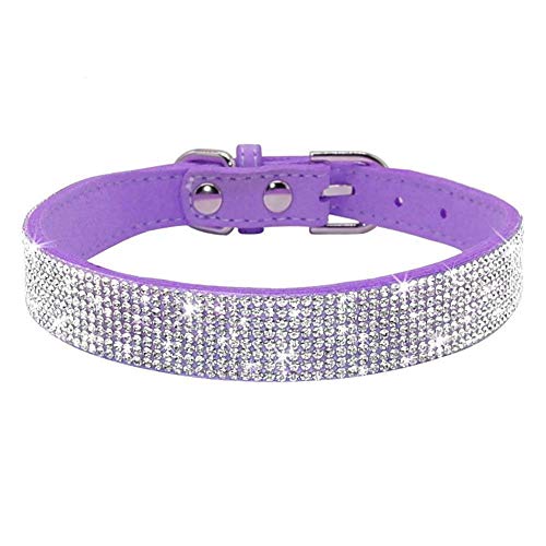 haoyueer Collar de perro con diamantes de imitación, bonito y deslumbrante ante ante suave de piel para perro, gato, collar de diamantes de imitación de cristal para mascotas (M, morado)