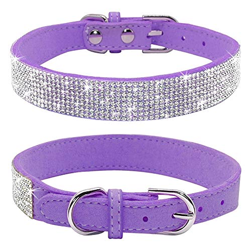 haoyueer Collar de perro con diamantes de imitación, bonito y deslumbrante ante ante suave de piel para perro, gato, collar de diamantes de imitación de cristal para mascotas (M, morado)