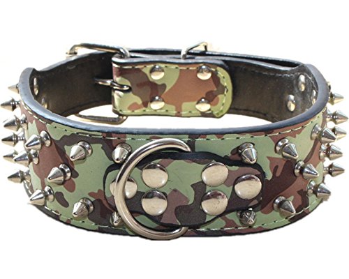 haoyueer Collar de perro de cuero con puntas con remaches tachonados de 2 pulgadas de ancho con estilo collares de perro de cuero para perros medianos y grandes Pitbull … (XL, camuflaje)