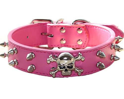 haoyueer Collar de perro de piel con pinchos – 2 filas de remaches de bala tachonado de piel sintética – Cool Skull Pet Accesorios para perros medianos y grandes … (L, rosa caliente)