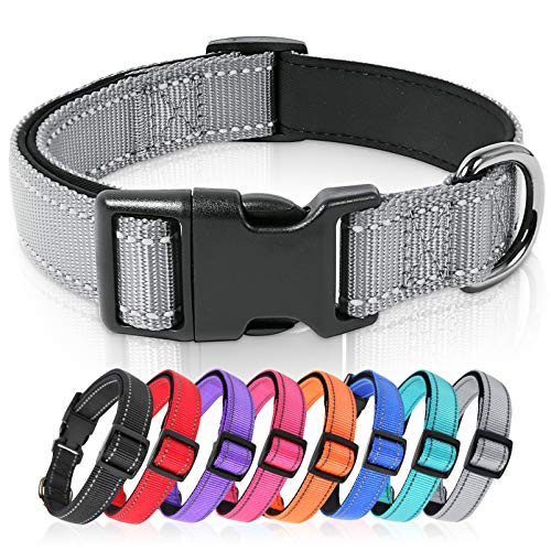 HEELE Collar Perro, Collar Nylon Reflectante Neopreno Forrado Ajustable para Perro Grande, Gris, L