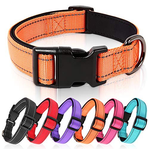 HEELE Collar Perro, Collar Nylon Reflectante Neopreno Forrado Ajustable para Perro Grande, Naranja, L