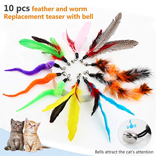 Hianjoo Juguete Pluma de Gato Interactivo 12 Piezas, 2 Varitas Divertidas Retráctiles y 10 Teaser de Plumas de Repuesto con Campana para Gatito Receptor Que se Divierte Jugando al Ejercicio