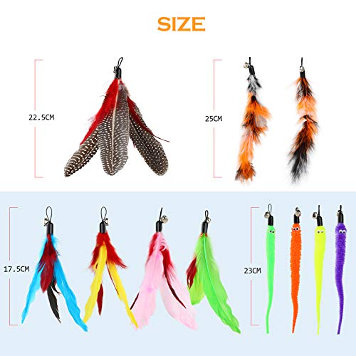 Hianjoo Juguete Pluma de Gato Interactivo 12 Piezas, 2 Varitas Divertidas Retráctiles y 10 Teaser de Plumas de Repuesto con Campana para Gatito Receptor Que se Divierte Jugando al Ejercicio