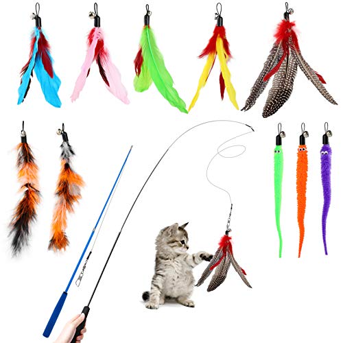 Hianjoo Juguete Pluma de Gato Interactivo 12 Piezas, 2 Varitas Divertidas Retráctiles y 10 Teaser de Plumas de Repuesto con Campana para Gatito Receptor Que se Divierte Jugando al Ejercicio