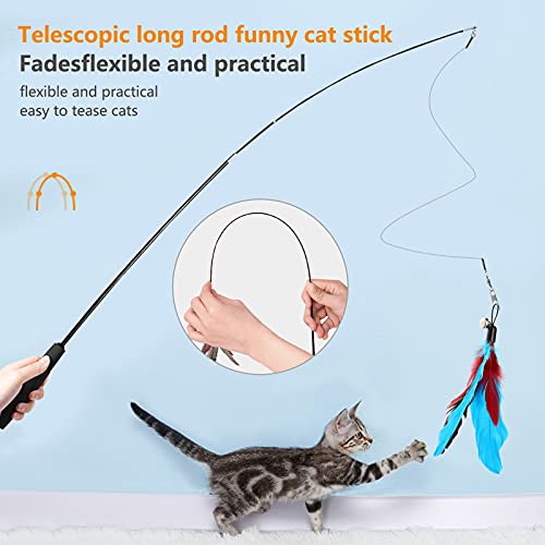 Hianjoo Juguete Pluma de Gato Interactivo 12 Piezas, 2 Varitas Divertidas Retráctiles y 10 Teaser de Plumas de Repuesto con Campana para Gatito Receptor Que se Divierte Jugando al Ejercicio