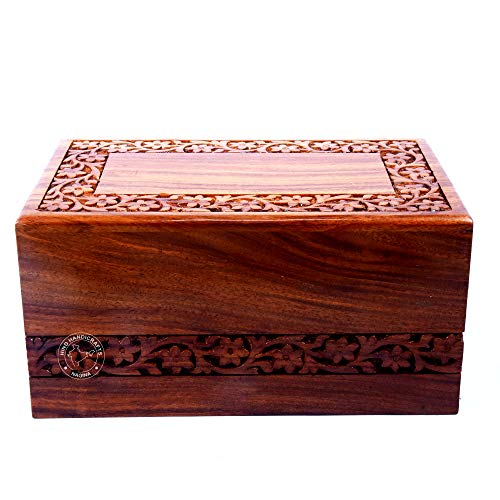 Hind Handicrafts - Caja de madera para cremación con bordes de palisandro hechos a mano y grabado a mano para cenizas humanas, caja de urna funeral