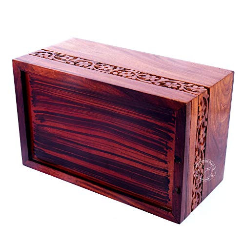 Hind Handicrafts - Caja de madera para cremación con bordes de palisandro hechos a mano y grabado a mano para cenizas humanas, caja de urna funeral