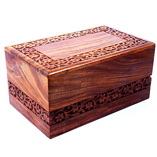 Hind Handicrafts - Caja de madera para cremación con bordes de palisandro hechos a mano y grabado a mano para cenizas humanas, caja de urna funeral