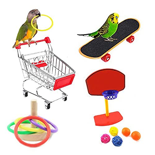 Holzsammlung 4 Pcs Juguetes para Pajaros Periquitos Juguetes Interactivos para Pajaros Entrenamiento de Inteligencia Juguetes Juguetes de Forrajeo, con Mini Carrito de Compras