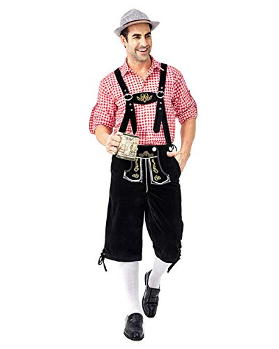 HONGBI Disfraz de bávaro alemán Lederhosen Cerveza Oktoberfest ,Rojo Shirts + Negro Dungarees,XL