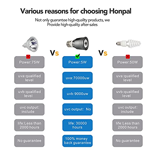 Honpal Luz LED de reptil, lámpara solar UVA + UVB para tortugas de anfibio, dragones barbudos, camaleón, lagartija y serpiente. (5 W)