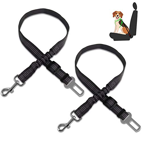 HONZUEN Ajustable Universal Cinturón de Seguridad de Coche para Perros, 2 Mascotas Arnés del Cinturón Coche con Arnés de Alambre Elástico y Fuerte Mosquetón, Pet Seat Belt para Perros y Gatos(Negro)